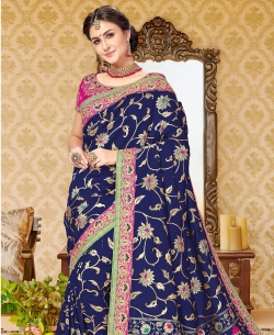 Royal Blue Uppada Silk Embroidery Designer Sarees