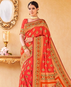 Orange Uppada Silk Embroidery Designer Sarees