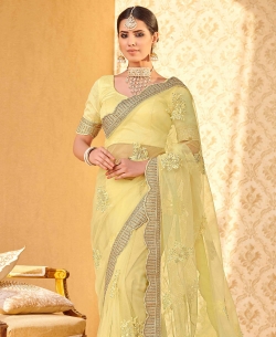 Yellow   Net Embroidery Designer Sarees