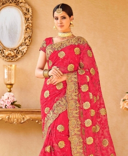 Pink Net Embroidery Designer Sarees