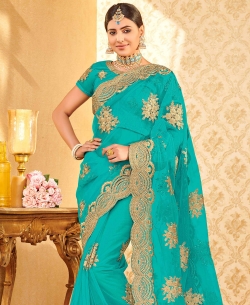 Blue Net Embroidery Designer Sarees