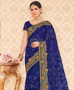 Royal Blue Net Embroidery Designer Sarees
