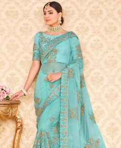 Sky Blue Net Embroidery Designer Sarees