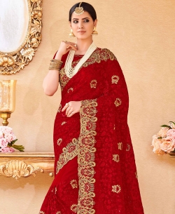 Red Net Embroidery Designer Sarees