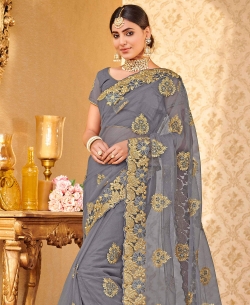 Grey Net Embroidery Designer Sarees