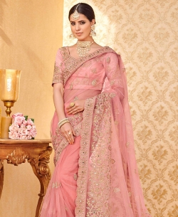 Pink Net Embroidery Designer Sarees