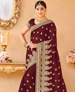 Brown Gold Soft Chiffon Embroidery Designer Sarees
