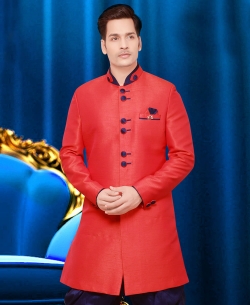 Orange Handloom Silk Plain Kurta Pajama