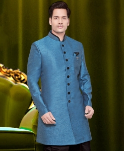 Blue Jute Plain Kurta Pajama