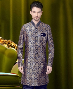 Navy Blue  Banarasi Brocard Printed Kurta Pajama