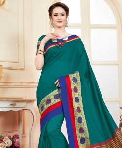 Teal Green Cotton Silk  Embroidery Traditional Sarees