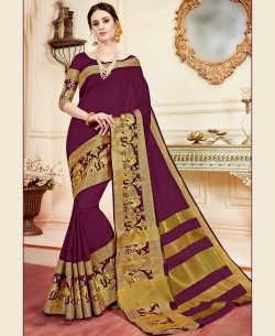 Wine Cotton Silk  Embroidery Traditional Sarees
