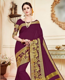 Wine Cotton Silk  Embroidery Traditional Sarees