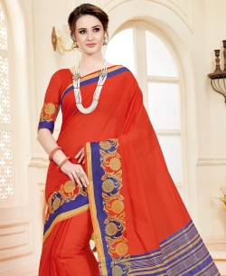 Deep Orange Cotton Silk  Embroidery Traditional Sarees