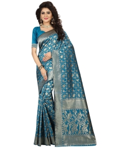 Sky Blue Jacquard Ary Silk Weaving Work Traditional Sarees
