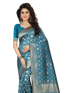 Sky Blue Jacquard Ary Silk Weaving Work Traditional Sarees