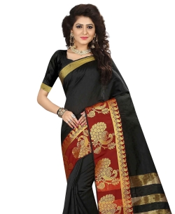 Black Poly Cotton Silk Weaving Work Traditional Sarees