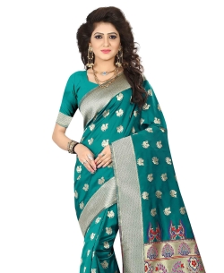Teal Green Jacquard Ary Silk Weaving Work Traditional Sarees