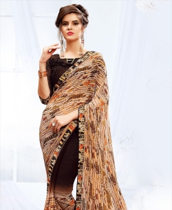 Brown And Peach Georgette Printed, Printed Border Half And Half Sarees