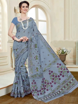 Grey Cotton Printed Cotton Sarees