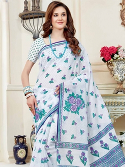 White Cotton Printed Cotton Sarees