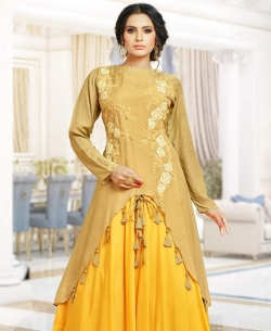 Yellow Silk Embroidery Long Choli Lehengas