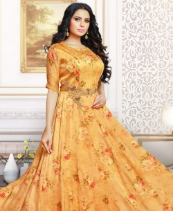 Yellow Satin Digital Print Gowns