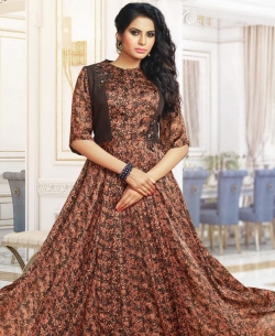 Brown Satin Digital Print Gowns