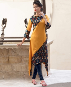 Yellow Rayon Printed Anarkali Kurtis