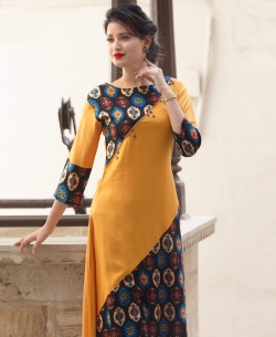 Yellow Rayon Printed Anarkali Kurtis