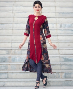 Maroon Rayon Printed Anarkali Kurtis