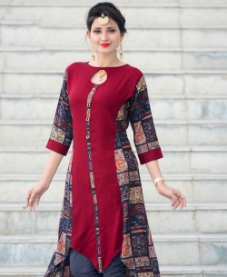 Maroon Rayon Printed Anarkali Kurtis