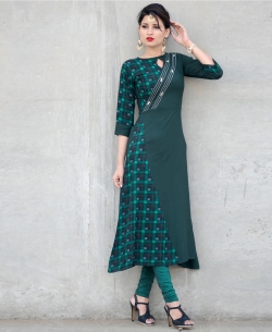 Green Rayon Printed Anarkali Kurtis