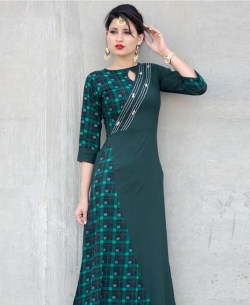 Green Rayon Printed Anarkali Kurtis