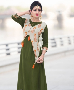 Green Rayon Printed Anarkali Kurtis