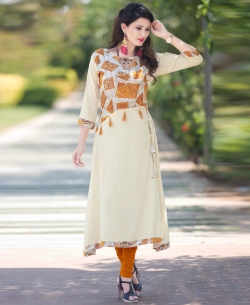 Off White Rayon Printed Anarkali Kurtis