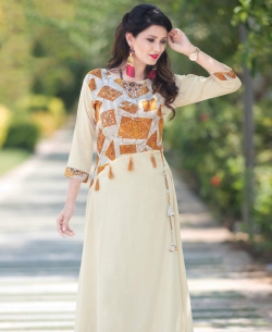 Off White Rayon Printed Anarkali Kurtis