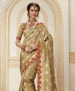 Beige Jacquard Silk Resham & Jari Embroidery With Stone Work Traditional Sarees