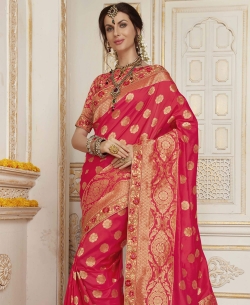 Pink Jacquard Silk Resham & Jari Embroidery With Stone Work Traditional Sarees