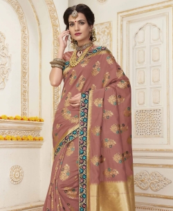 Dusty Pink Jacquard Silk Resham & Jari Embroidery With Stone Work Traditional Sarees