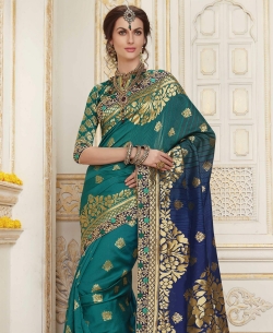 Blue Jacquard Silk Resham & Jari Embroidery With Stone Work Traditional Sarees