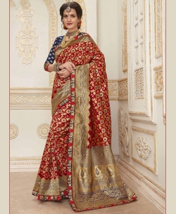 Red Jacquard Silk Resham & Jari Embroidery With Stone Work Traditional Sarees
