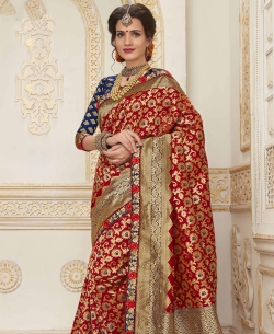 Red Jacquard Silk Resham & Jari Embroidery With Stone Work Traditional Sarees
