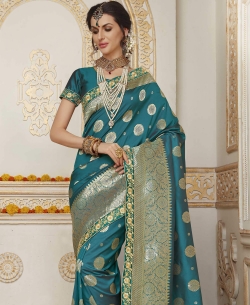 Turquoise Blue Jacquard Silk Resham & Jari Embroidery With Stone Work Traditional Sarees