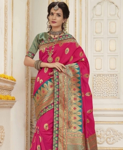 Fuschia Pink Jacquard Silk Resham & Jari Embroidery With Stone Work Traditional Sarees