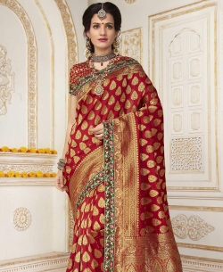 Red Jacquard Silk Resham & Jari Embroidery With Stone Work Traditional Sarees