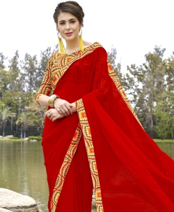 Red Faux Georgette Beautiful Printed Art-Silk Border Sarees