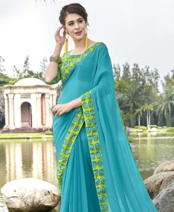 Sky Blue Faux Georgette Beautiful Printed Art-Silk Border Sarees