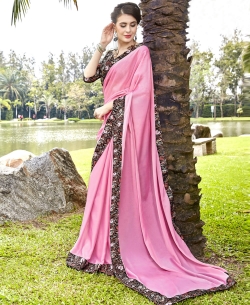 Light Pink Faux Georgette Beautiful Printed Art-Silk Border Sarees