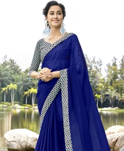 Blue Faux Georgette Beautiful Printed Art-Silk Border Sarees